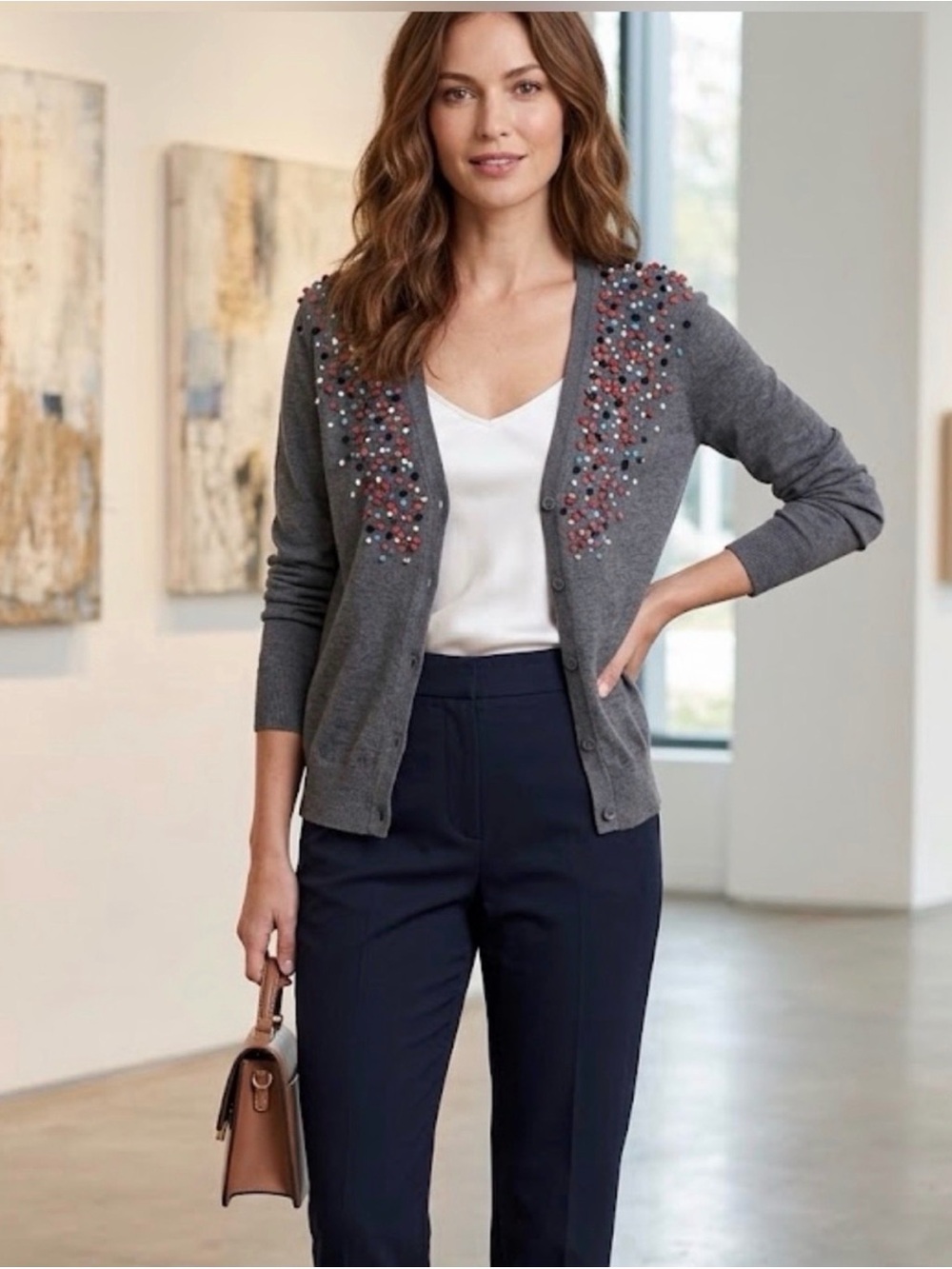 Moth Anthropologie Gray Colorful Pom Pom V-Neck Cardigan